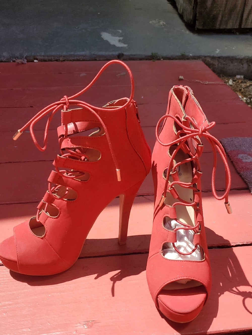 Lace-Up Peep-Toe High Heel Sandals in Red, Brand New.